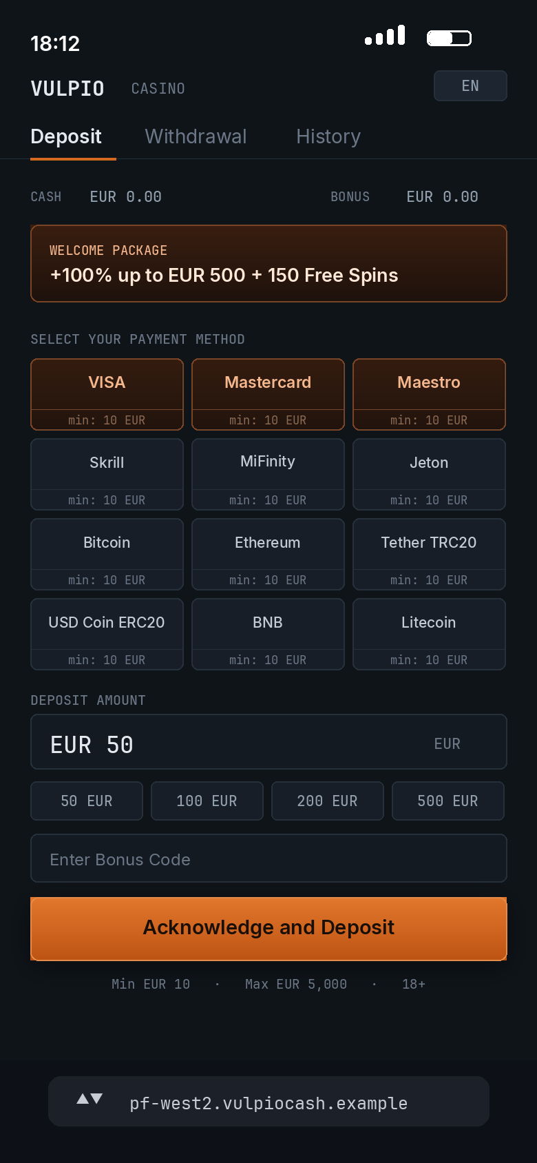 Deposit screen reached through the affiliate funnel, offering the card rail