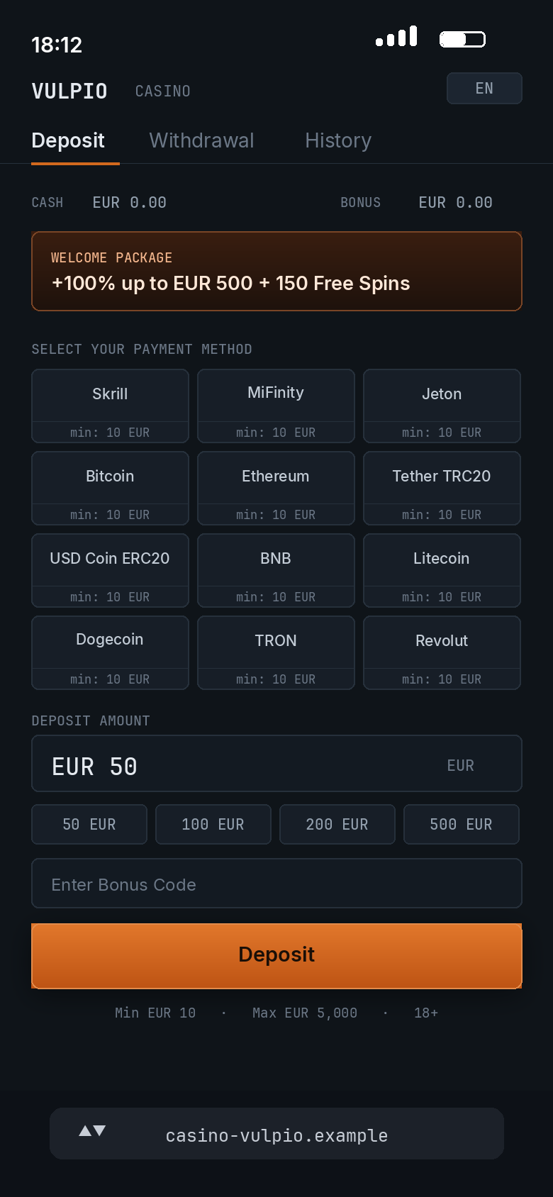 Deposit screen reached from organic search, offering no card option