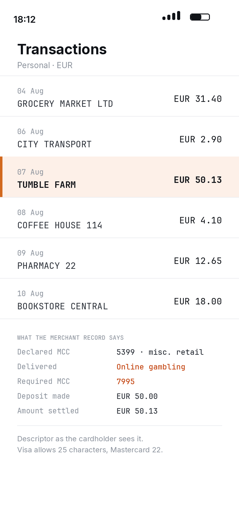 Cardholder transaction list with the gambling deposit shown under an unrelated name