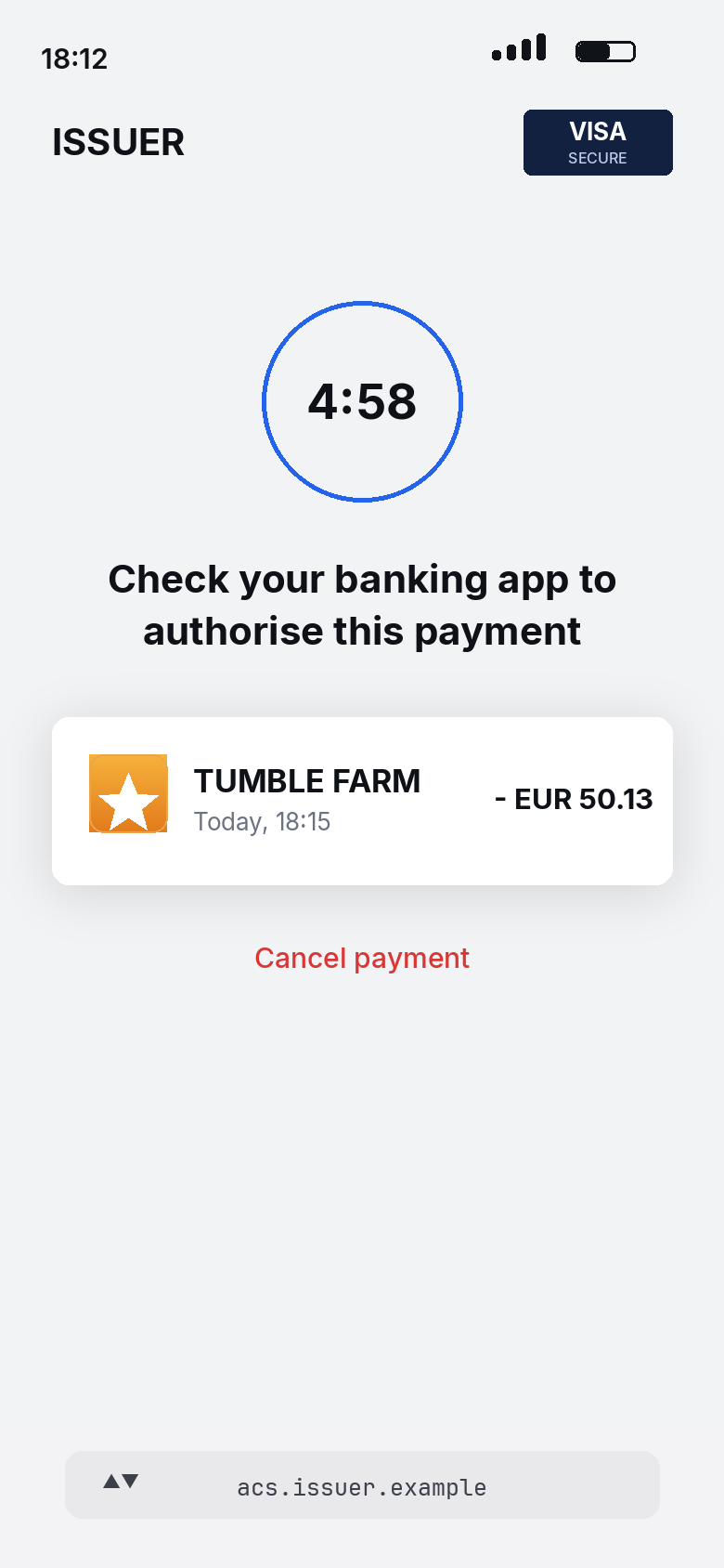 Issuer authorisation prompt showing the merchant descriptor and settled amount